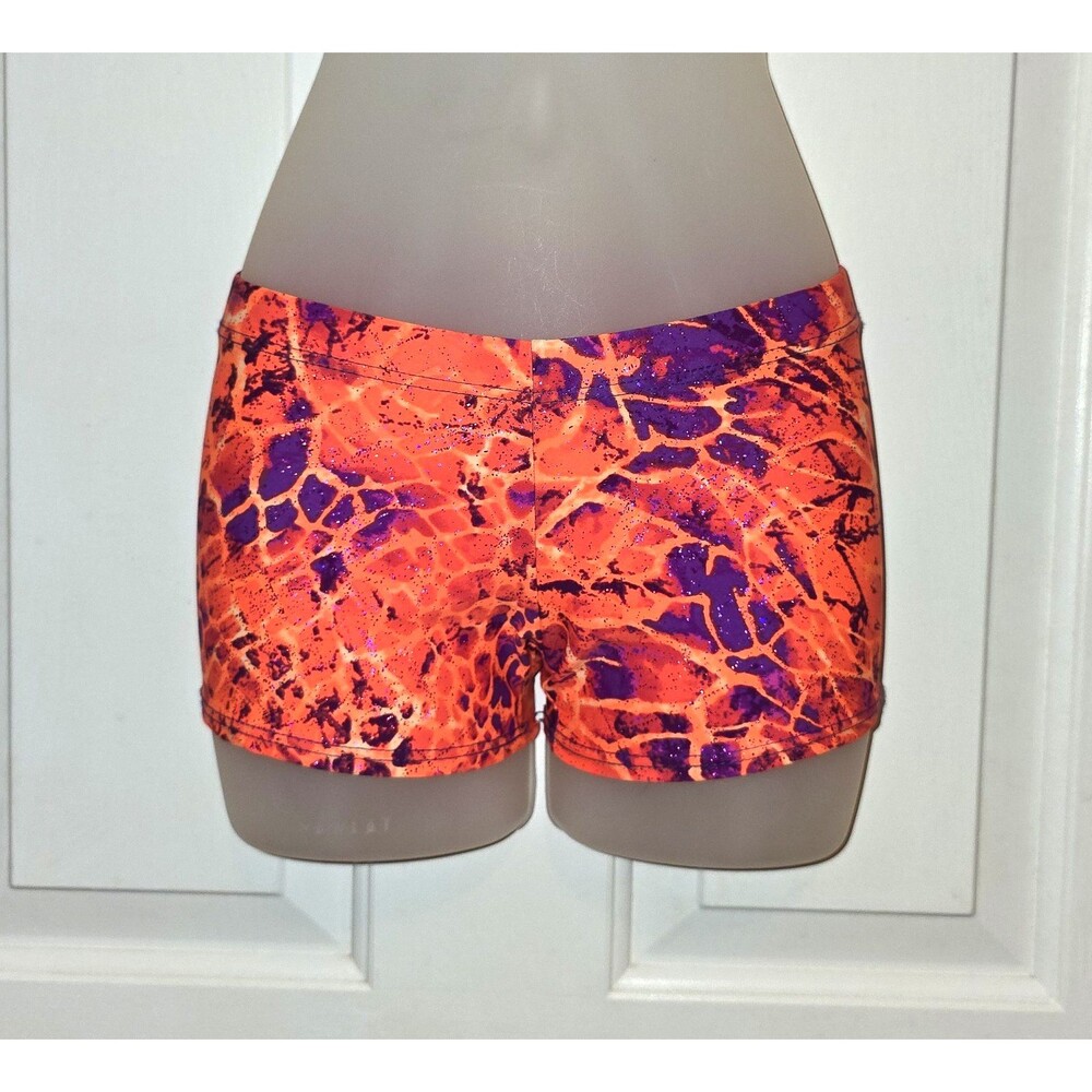 Motionwear Orange Purple Lava Crackle Dance Gym Shorts S, Fits like Large Child